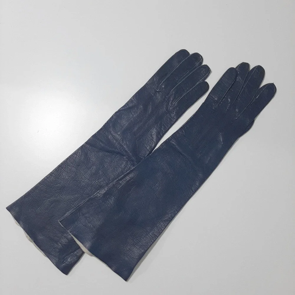 Vintage Kislav Kid Leather Navy Gloves Made in France Sz 7 Opera Length '50's
